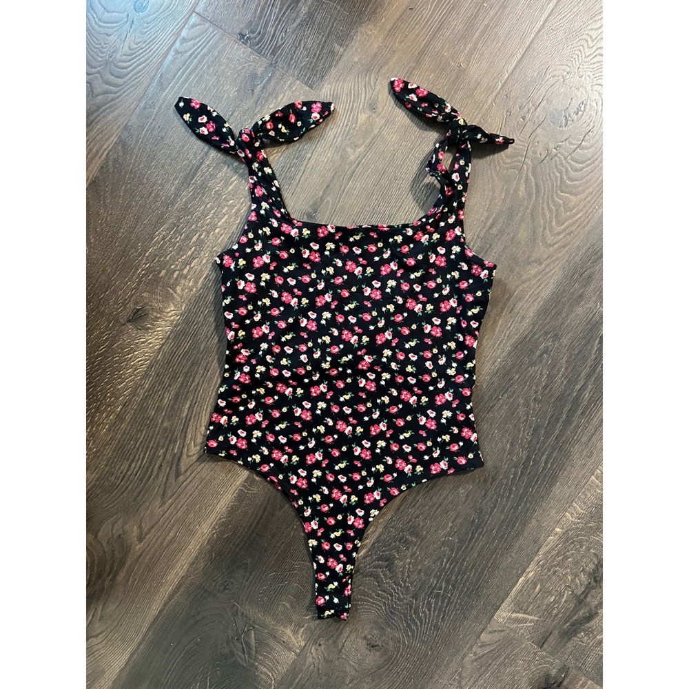 Gaze Floral Bodysuit Tie Strap Sleeveless Black Pink Flowers Medium